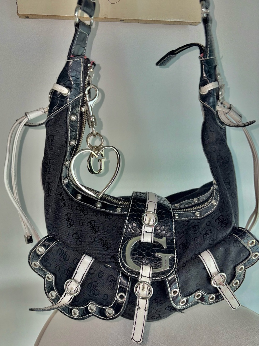 Rare Vintage Y2K GUESS Black Monogram G Buckle Studded Hobo Shoulder Bag Purse